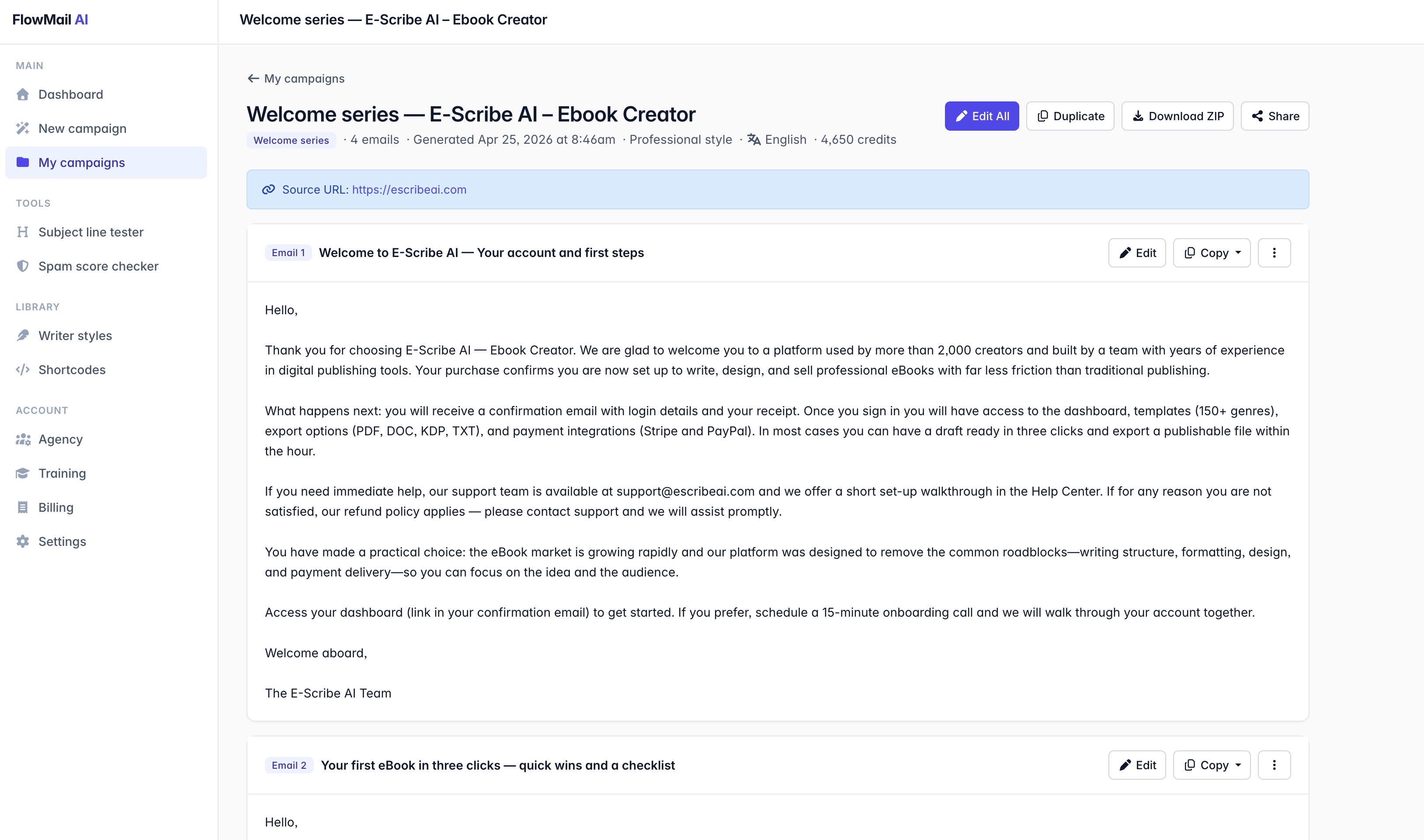 FlowMail AI — Campaign generated from a URL in seconds