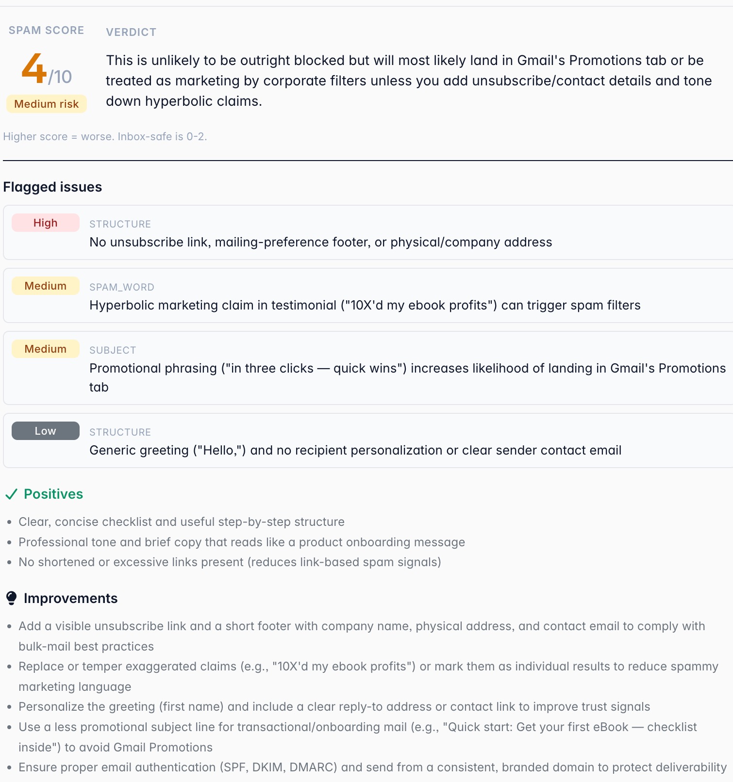 FlowMail AI — Spam Score Checker showing flagged issues, positives and improvement suggestions
